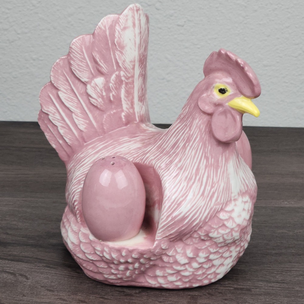Vintage Pink Ceramic Hen Napkin Holder with Faux Egg Salt and Pepper Shakers